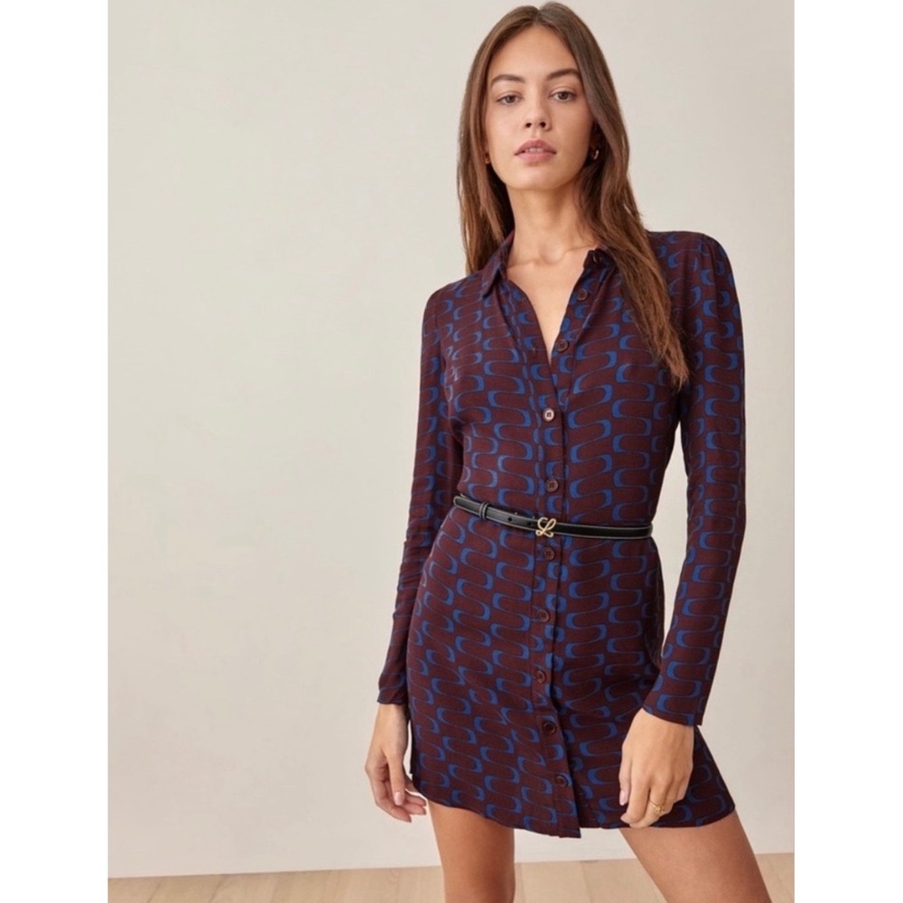 Reformation‎ Hugh Burgundy Blue Geometric Wave Mini Shirt Dress Long Sleeve Sz 4